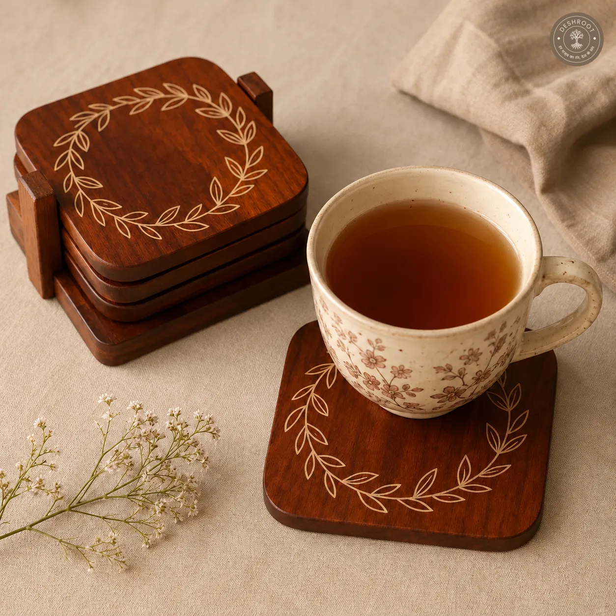 Laurel Bloom Handcrafted Wooden Coaster