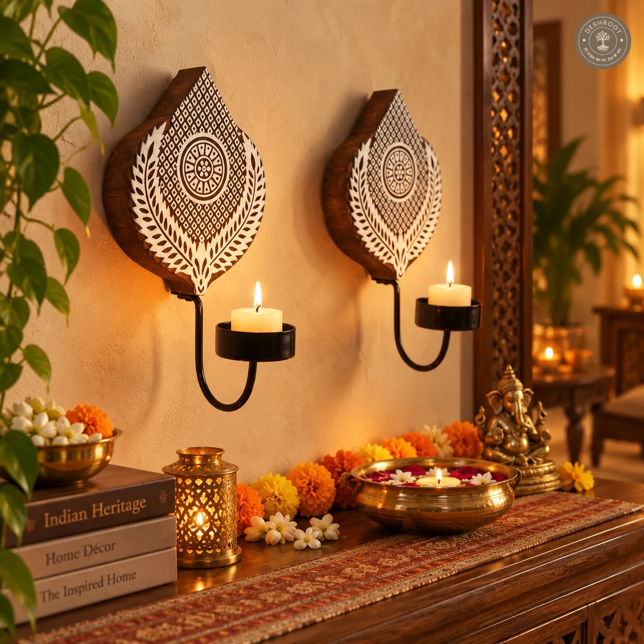 Block Wall Diya Mughal Pair – Handcrafted Wooden Wall Décor