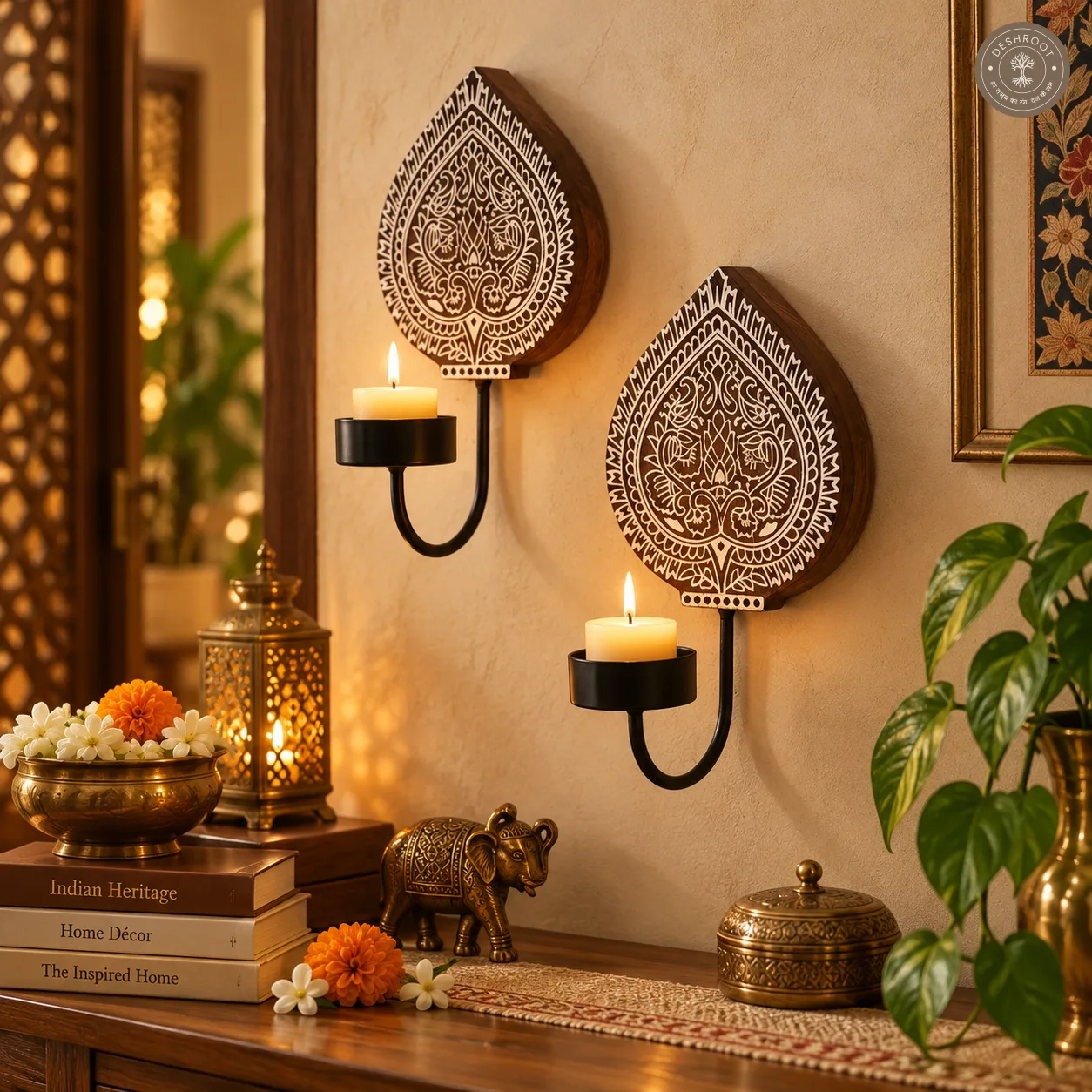 Block Wall Diya Pan Leaf Pair – Handcrafted Wooden Wall Décor