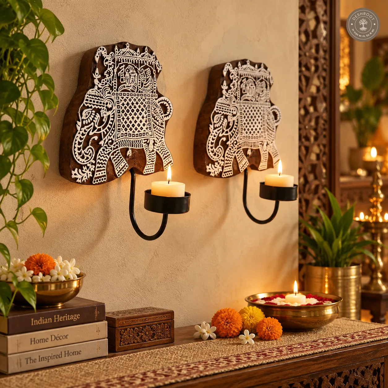 Wooden Elephant Wall Diya – Handcrafted Indian Wood Art with Tealight Holder