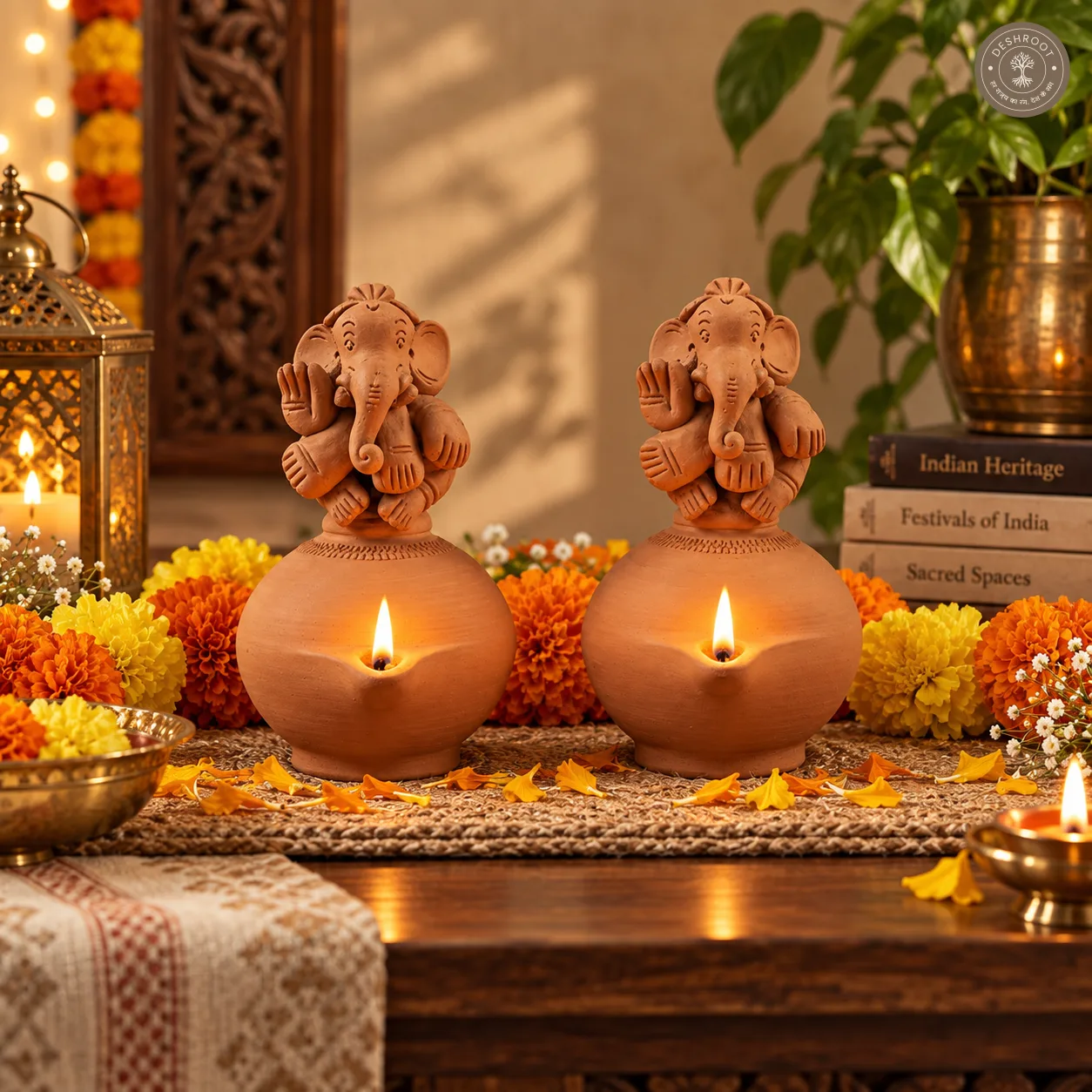 Terracotta Ganesh Magic Diya Set of 2 – Handcrafted Clay Diya & Spiritual Décor