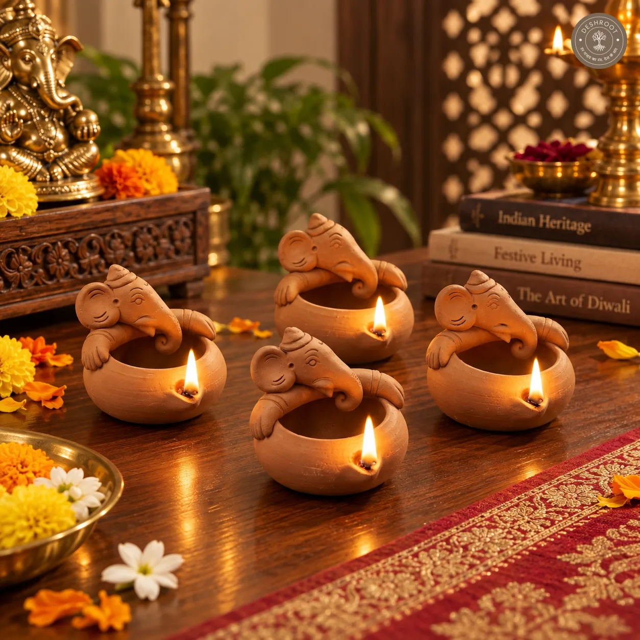 Terracotta Ganesh Diya Set of 4 – Handcrafted Clay Diya
