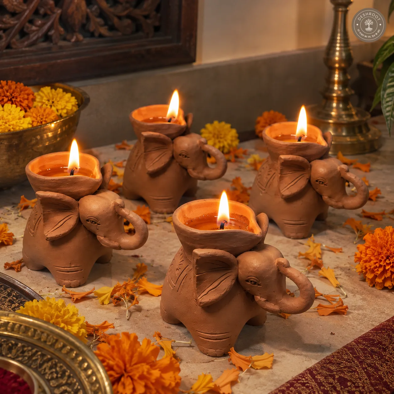 Terracotta Elephant Diya Set of 4