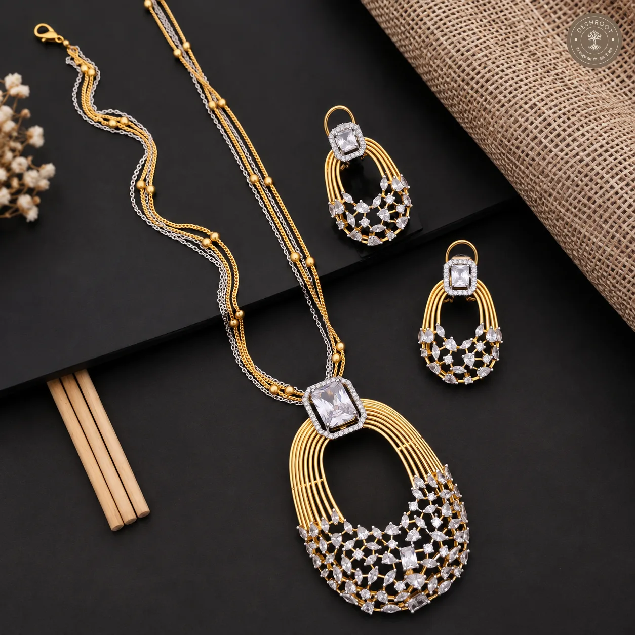 Two-Tone AD Diamond Pendant Necklace & Earrings Set | Statement Jewellery