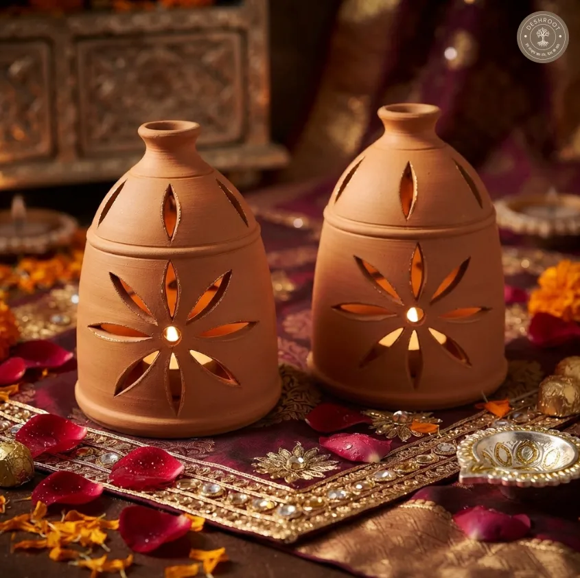 Terracotta Quiet Glow Set of 2 – Handcrafted Clay Lanterns