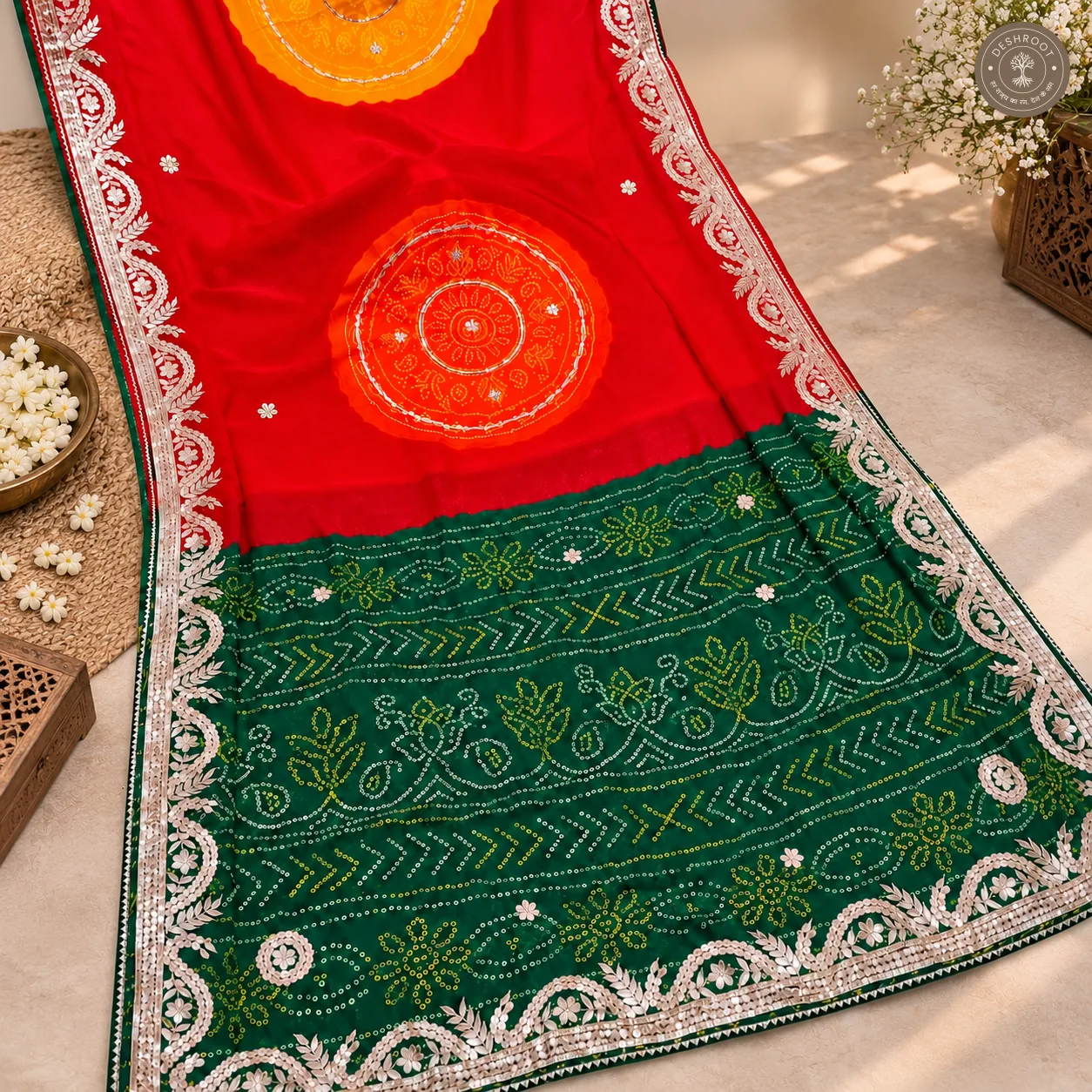Moss Georgette Bandhani Gota Patti Saree with Unstitched Blouse