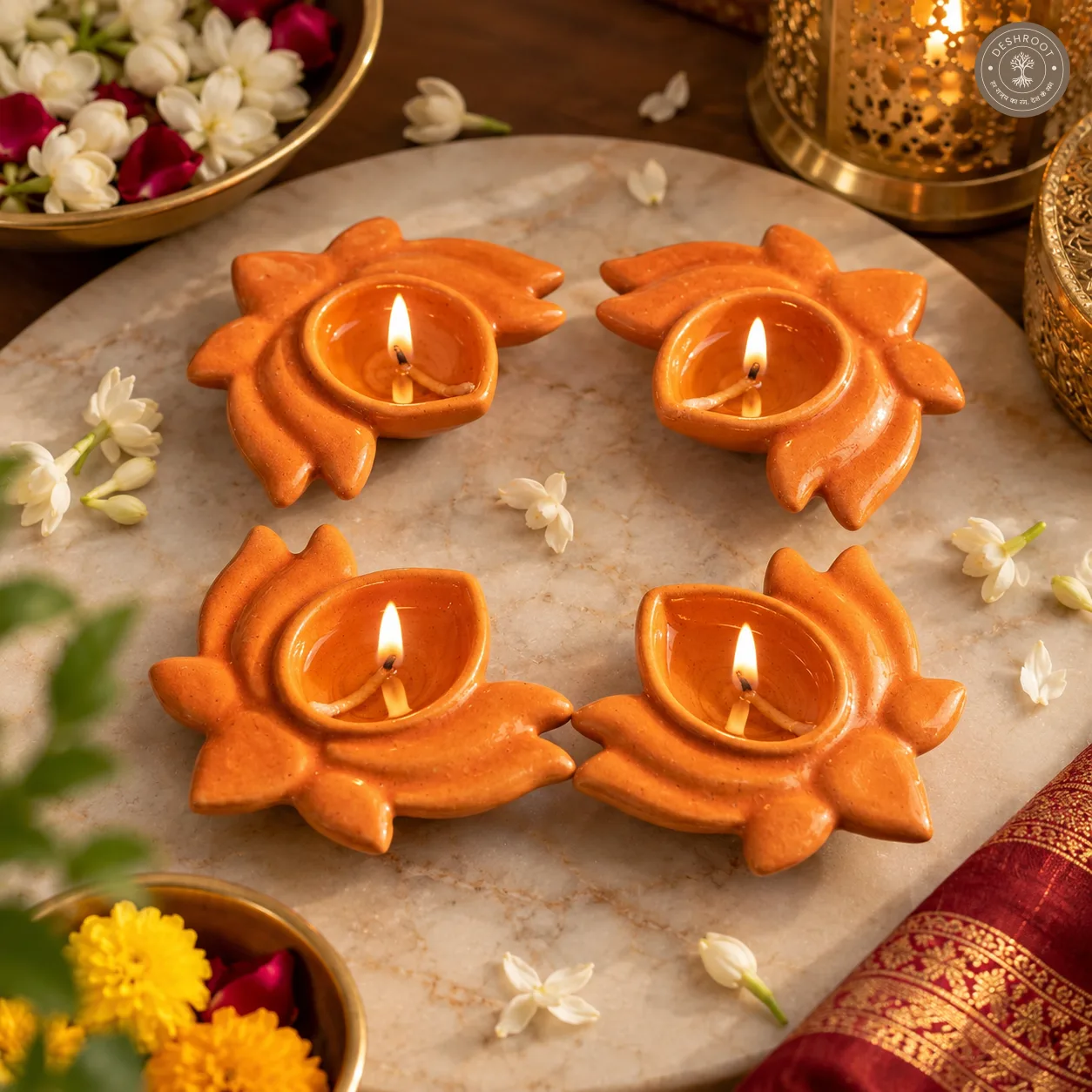 Orange Lotus Diya Set of 4 – Handcrafted Ceramic Festive Diyas