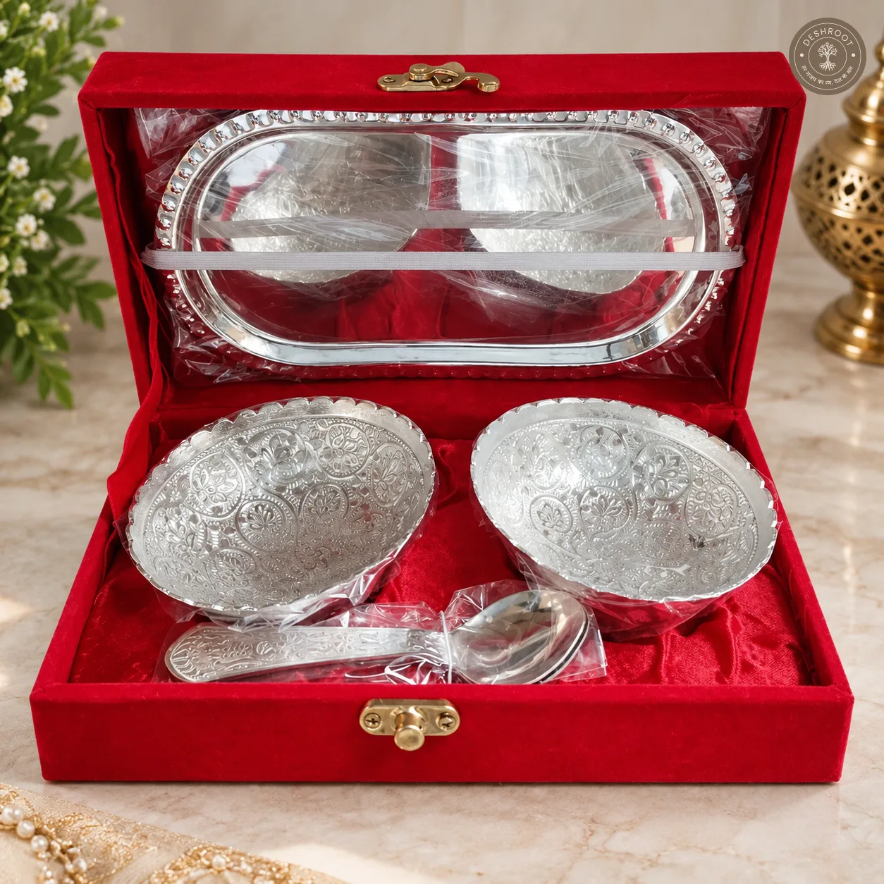 Royal Gold & Silver Plated Katori Set (2 Katoris, 2 Spoons, 1 Tray - with Premium Red Velvet Box)
