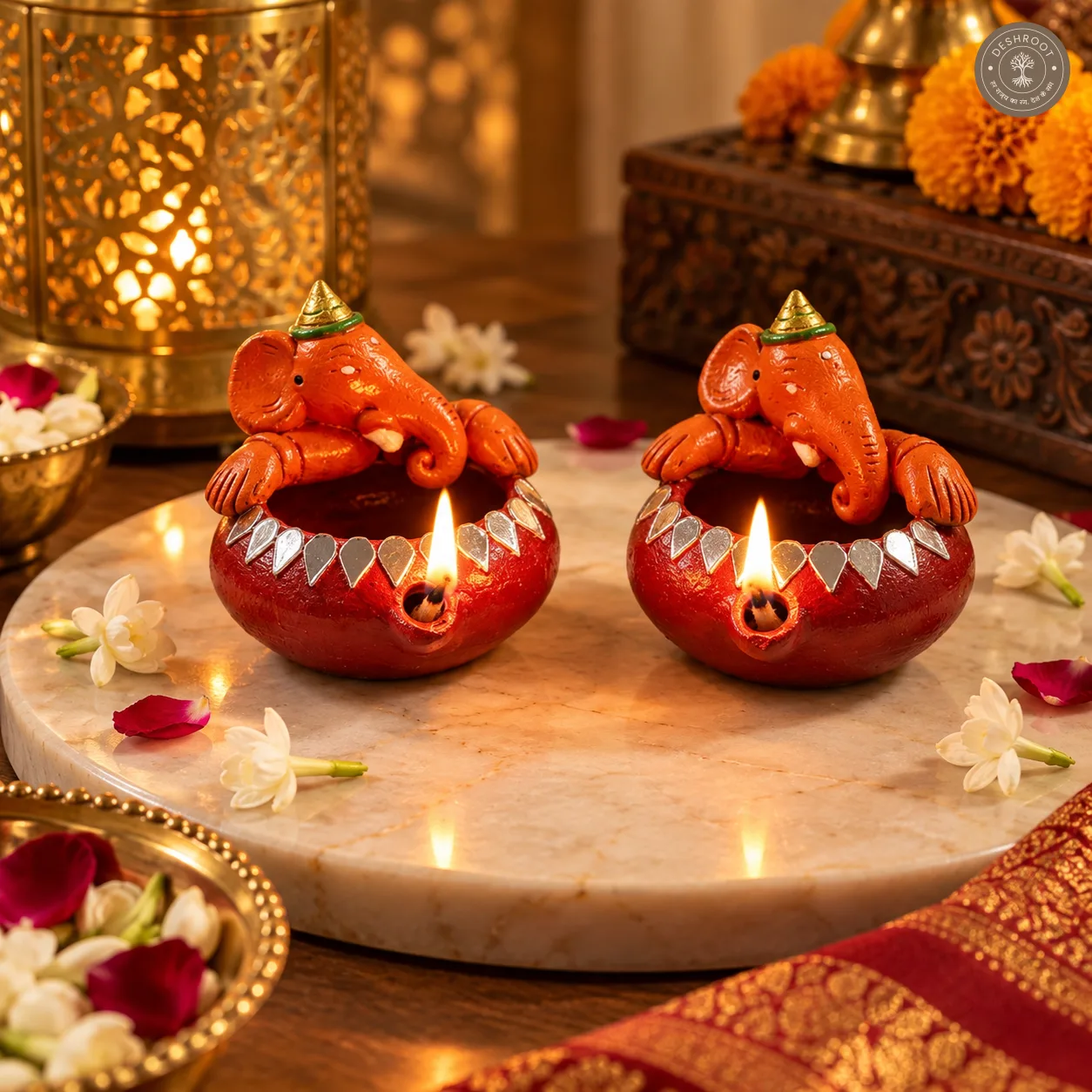 Painted Ganesh Diya Set of 2 – Handcrafted Terracotta Decorative Diyas for Pooja & Festive Décor