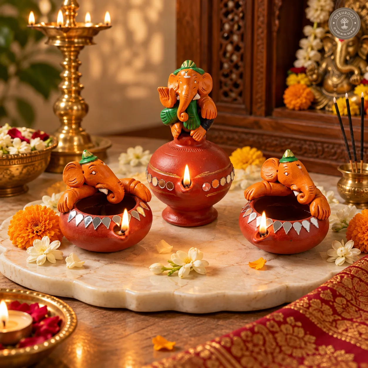 Painted Ganesh Diya Set – Handcrafted Terracotta Ganesha Diyas for Pooja, Diwali & Festive Décor