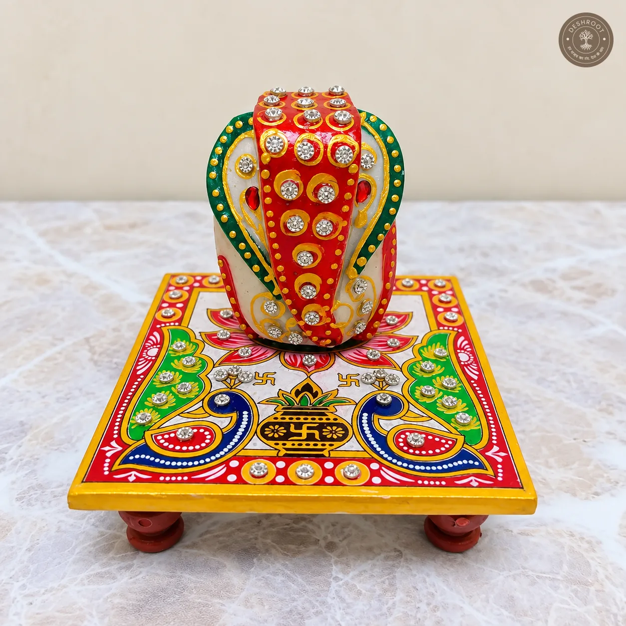 Handcrafted Marble Ganesh Chowki with Meenakari Work