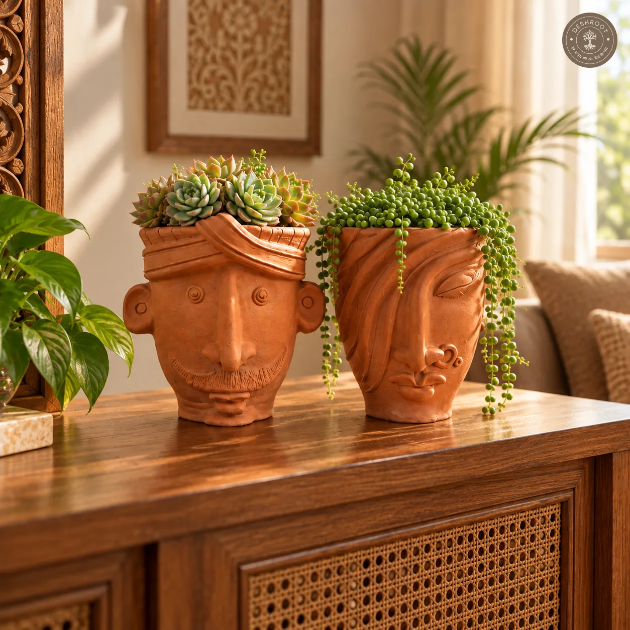 Terracotta Face Planters Pair – Handcrafted Clay Face Planters for Home, Balcony & Artistic Décor