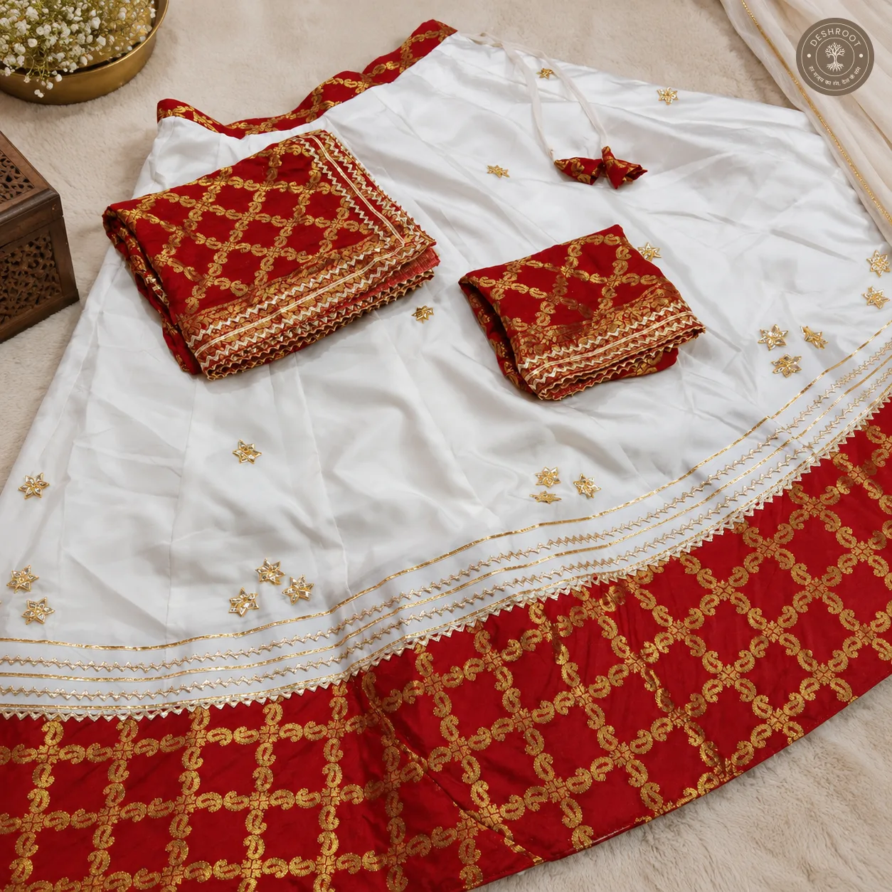 Pure Cosmos Silk Lehenga with Ghadchola Dupatta & Kachi Gota Patti Work
