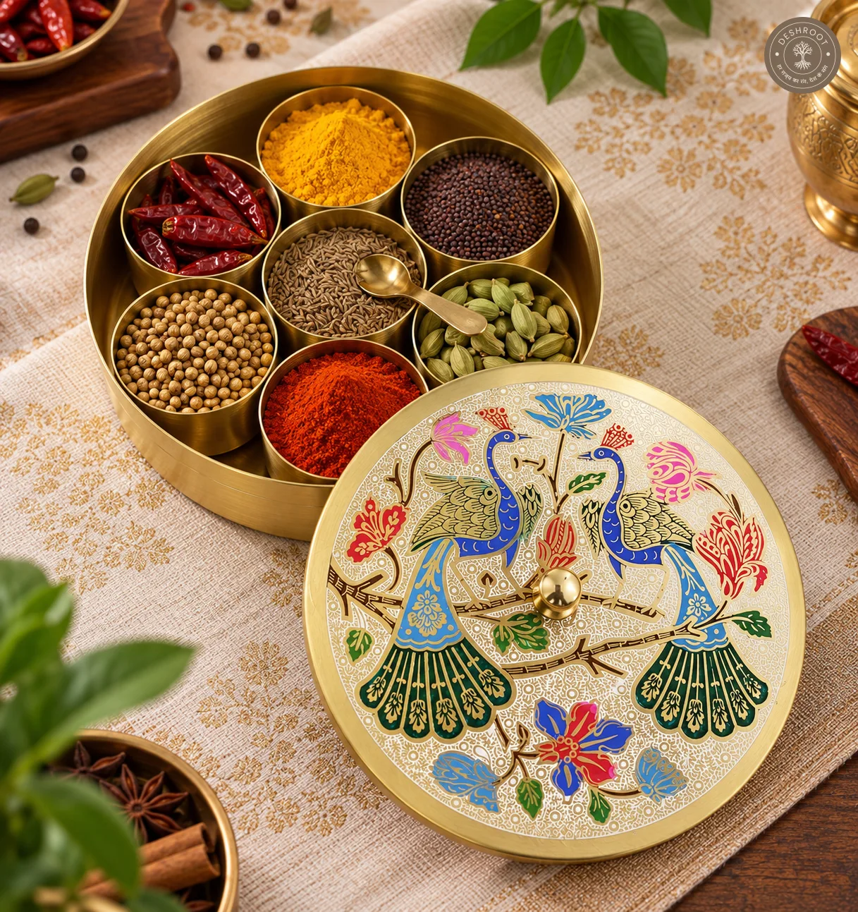 Brass Masala Box – 7-Compartment Spice Box