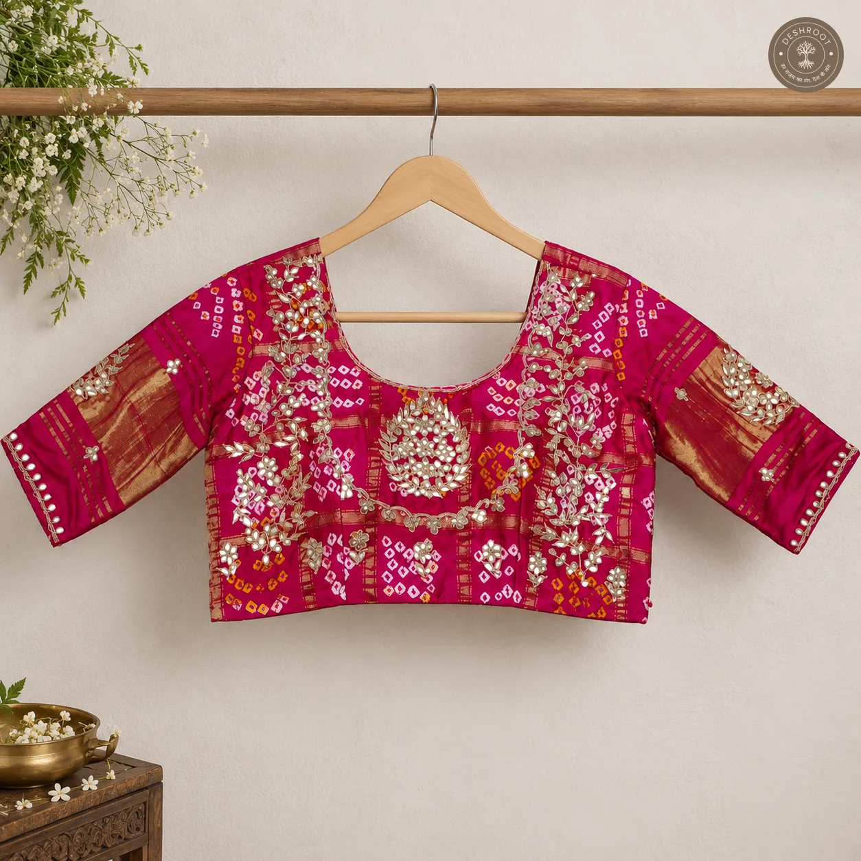 Handcrafted Gota Patti Model Silk Blouse with Bandhani & Mirror Work
