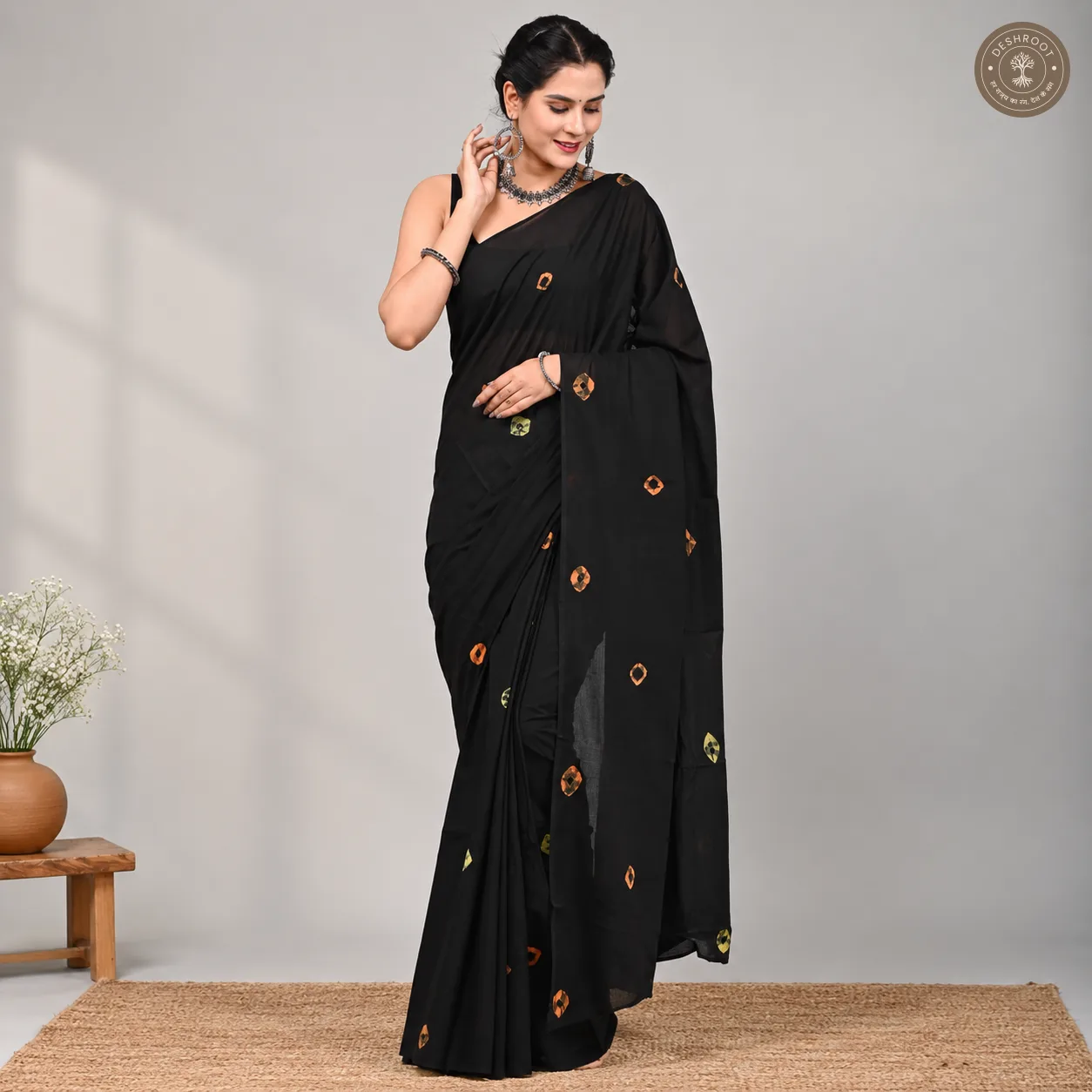 Black Hand Block Printed Mal Cotton Saree with 1 Meter Blouse