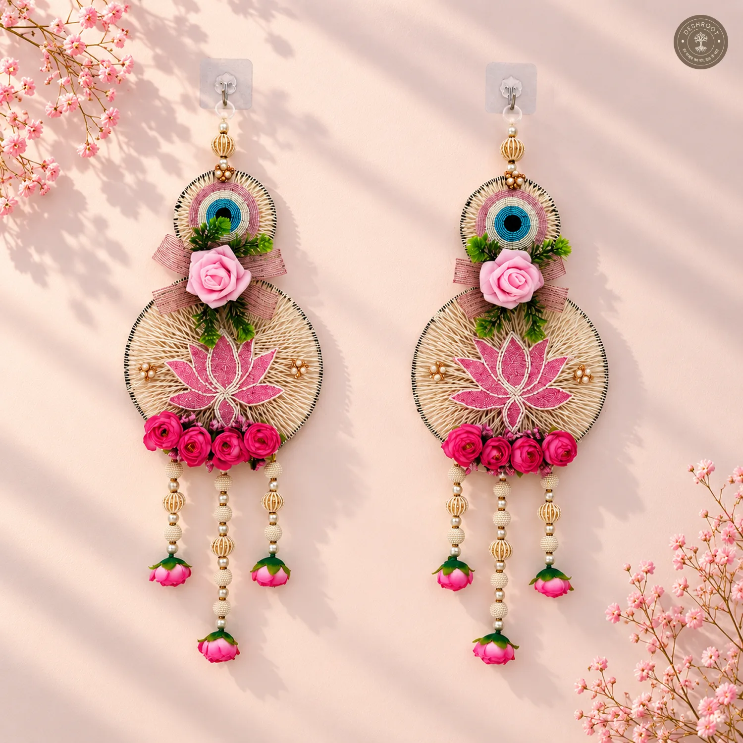 Elegant Evil Eye and Pink Lotus Wall Hanging