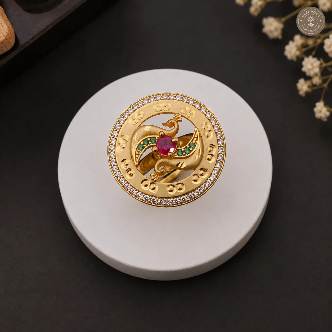 Golden Peacock Designer Adjustable Ring with Stone Work