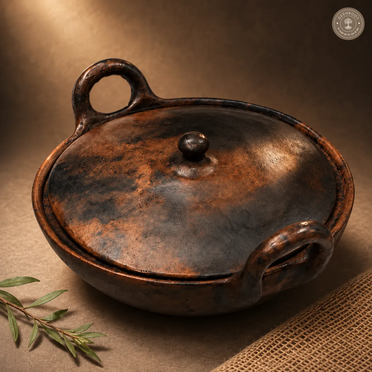 Handcrafted Terracotta Handi with Lid – 12 Inch Rustic Earthenware Cooking & Serving Pot with Loop Handles for Traditional Indian Kitchen & Dining