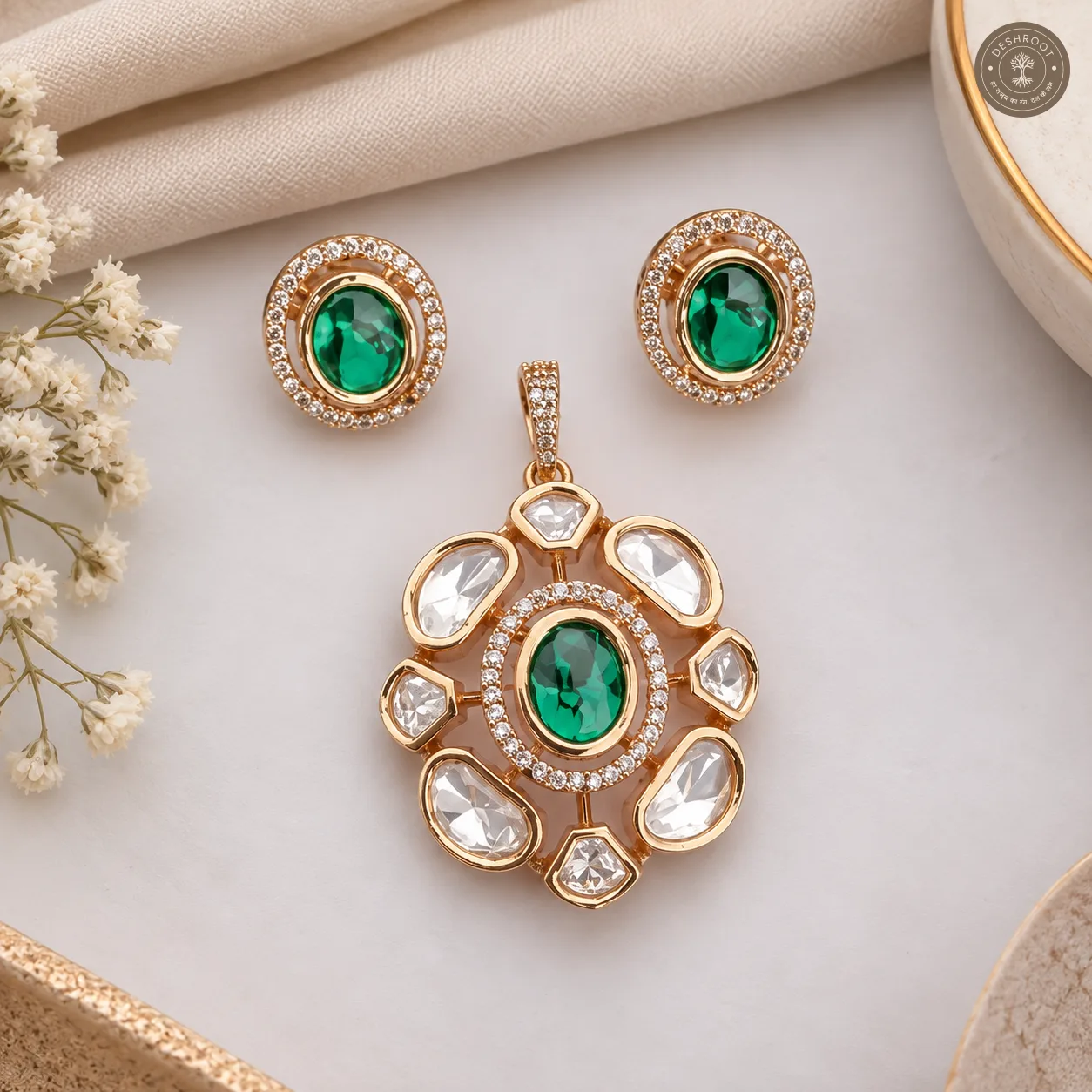 Rose Gold Kundan Pendant & Stud Earrings Set with Green Stone