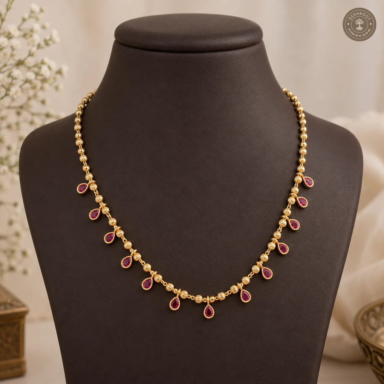 Gold Tone Ruby Drop Designer Necklace - Elegant Traditional Jewellery for Women