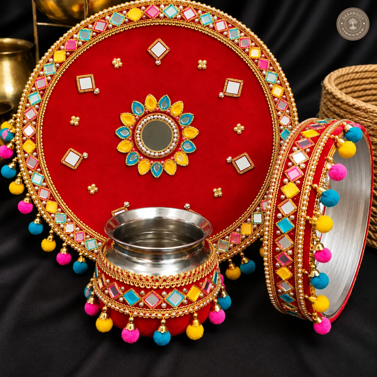 Handcrafted Designer Karwa Chauth Pooja Thali & Kalash Set – Red Velvet Mirror Work Thali with Pearl Lace & Pom-Pom Tassels for Karwa Chauth, Teej & Festive Gifting