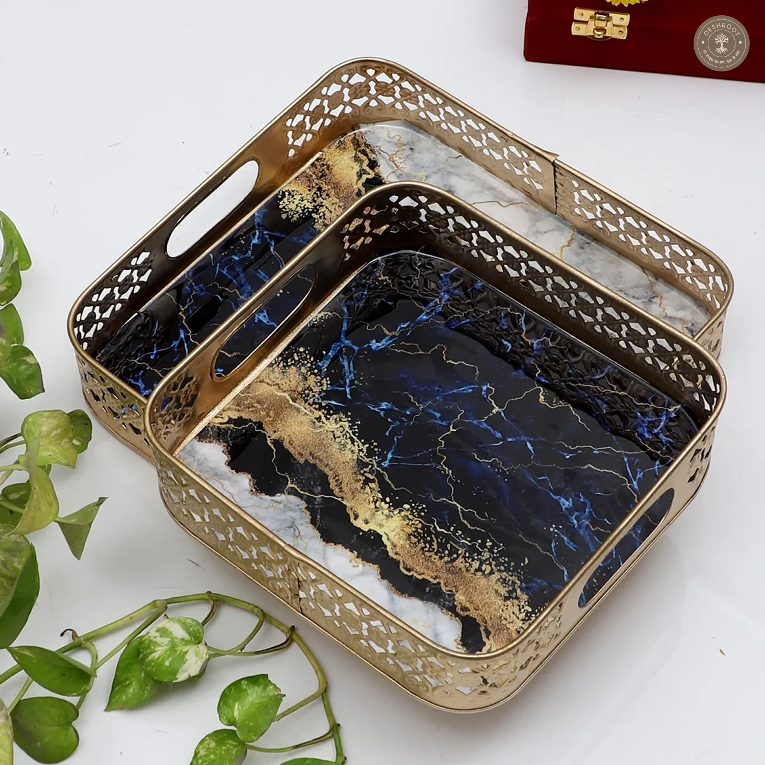 Square Blue & White Tray Set of 2