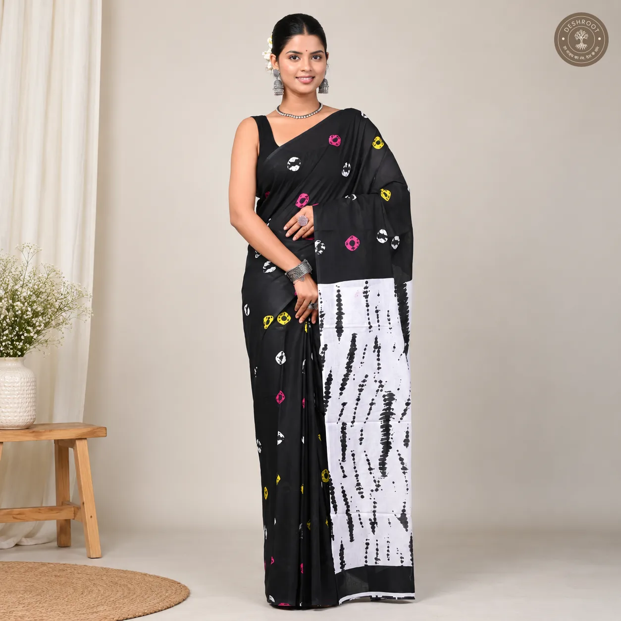 Hand Block Printed Mal Cotton Saree with Blouse Fabric