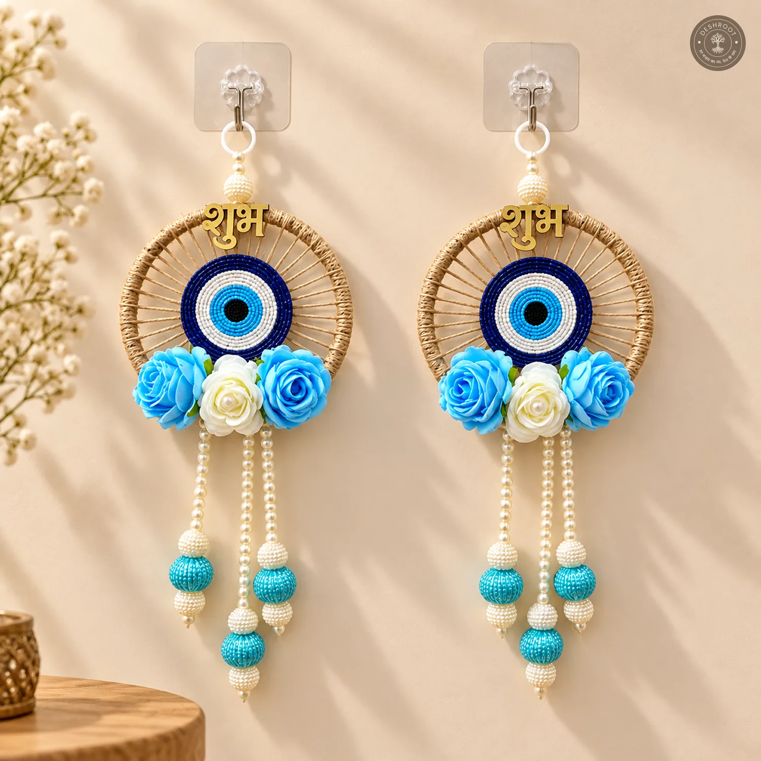 Blue and white evil eye wall hanging
