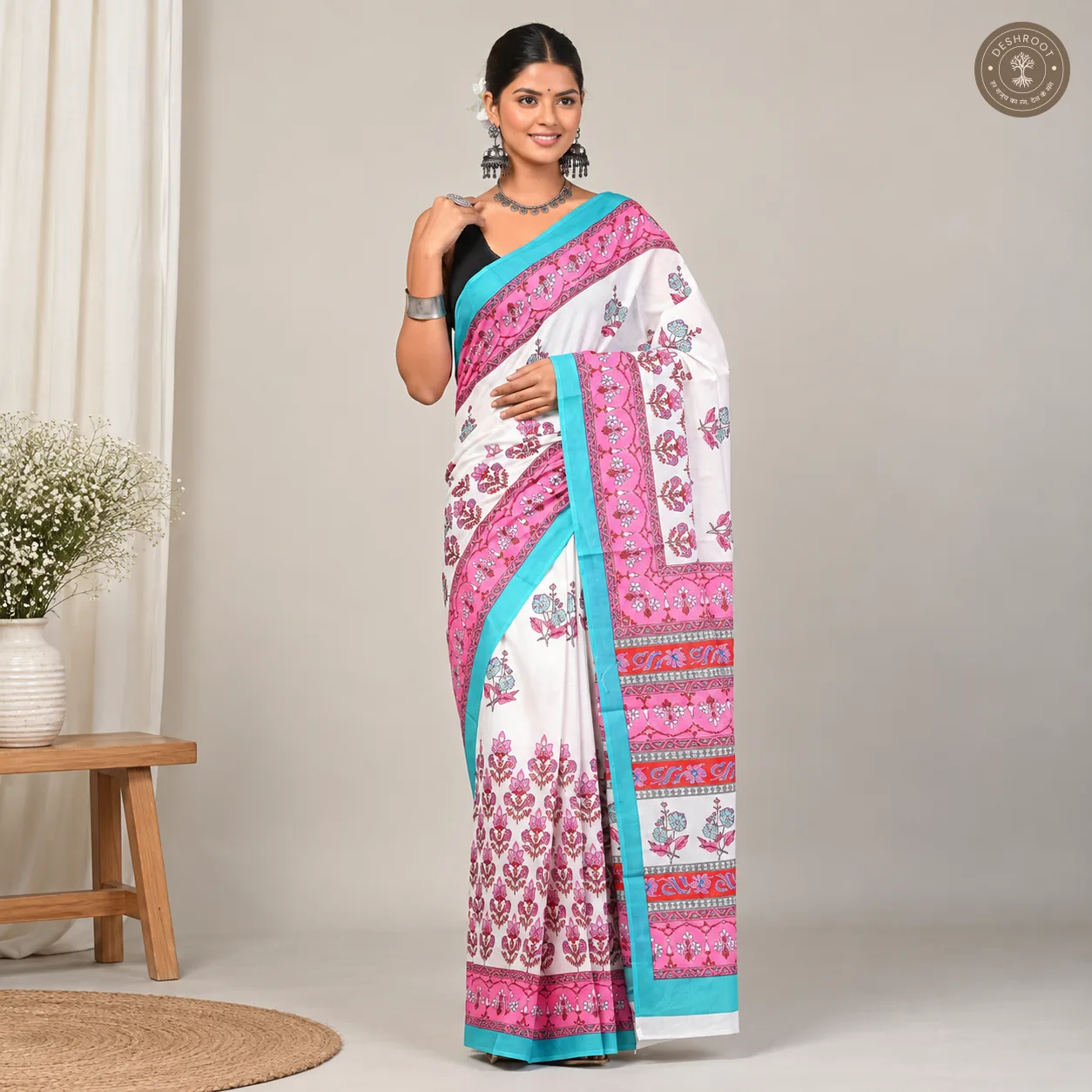 Gulabi Neel Hand Block Printed Mal Cotton Saree with Blouse Fabric
