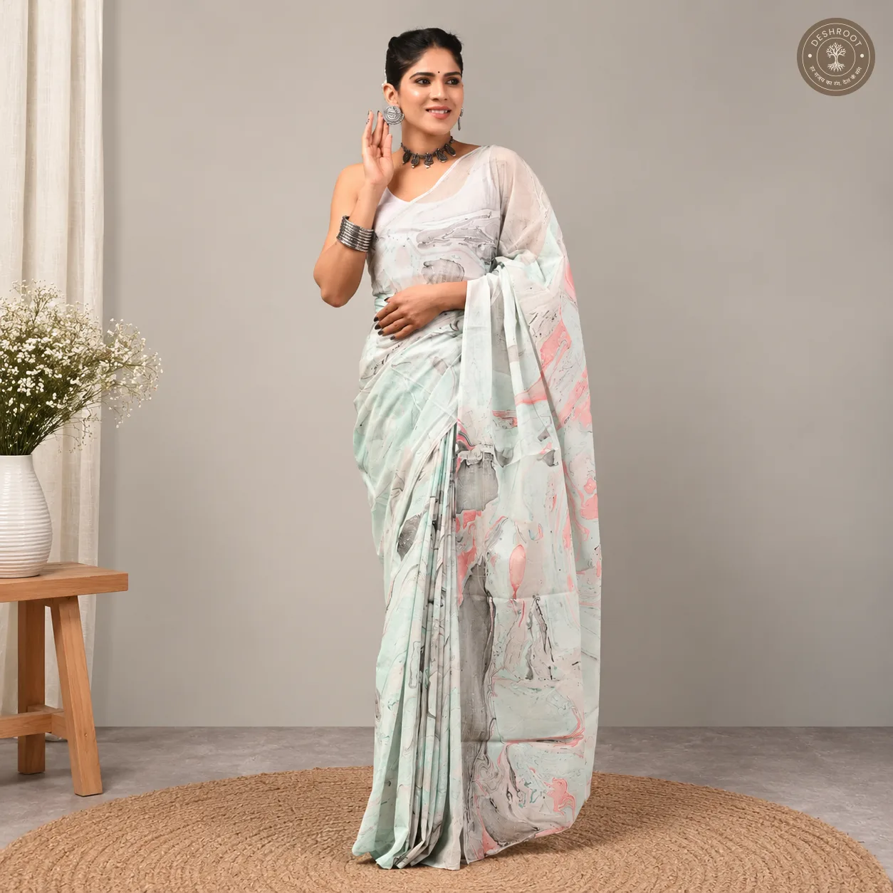 Pastel Marble Hand Block Printed Mal Cotton Saree with Blouse