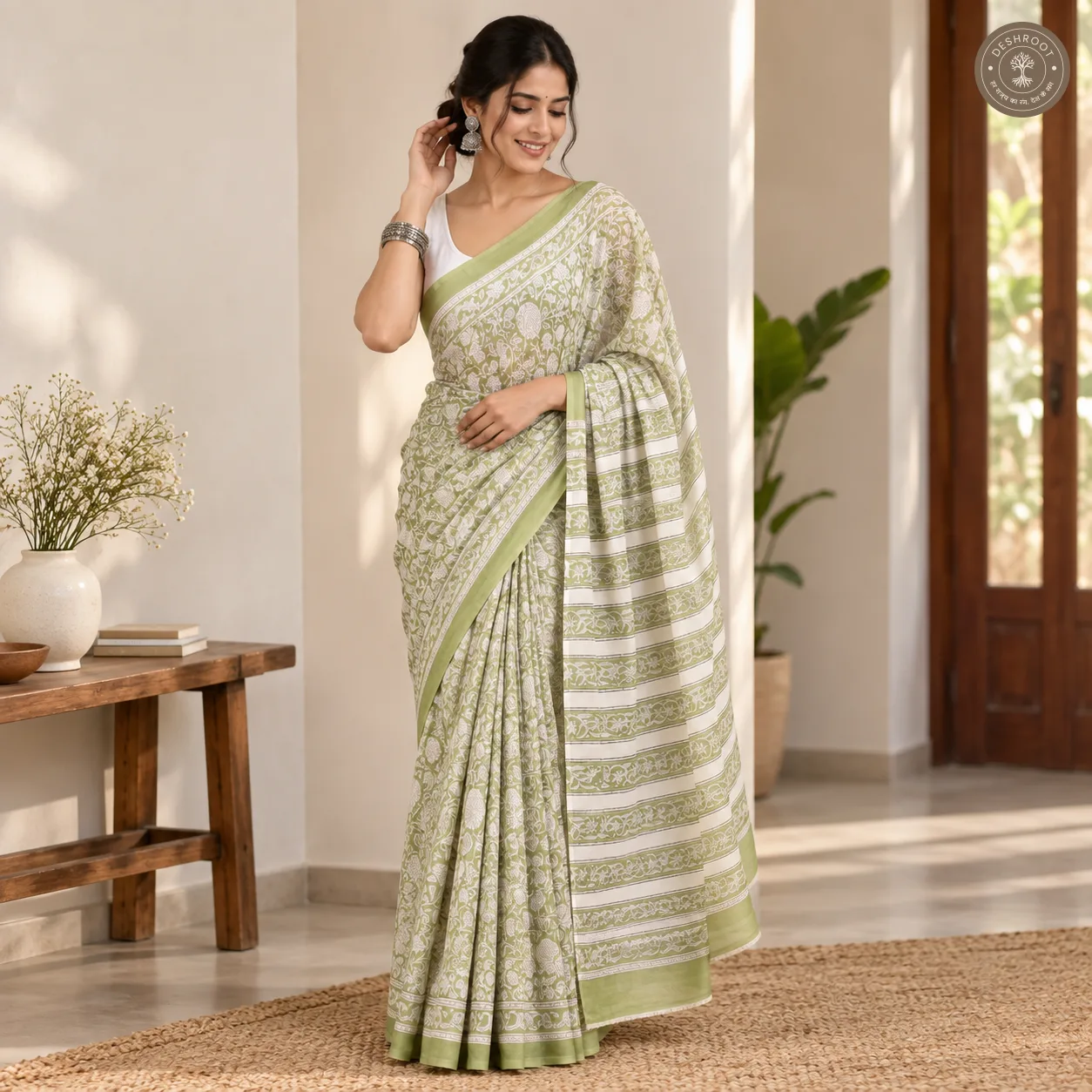 Meher Hand Block Printed Mal Cotton Saree with Blouse Fabric