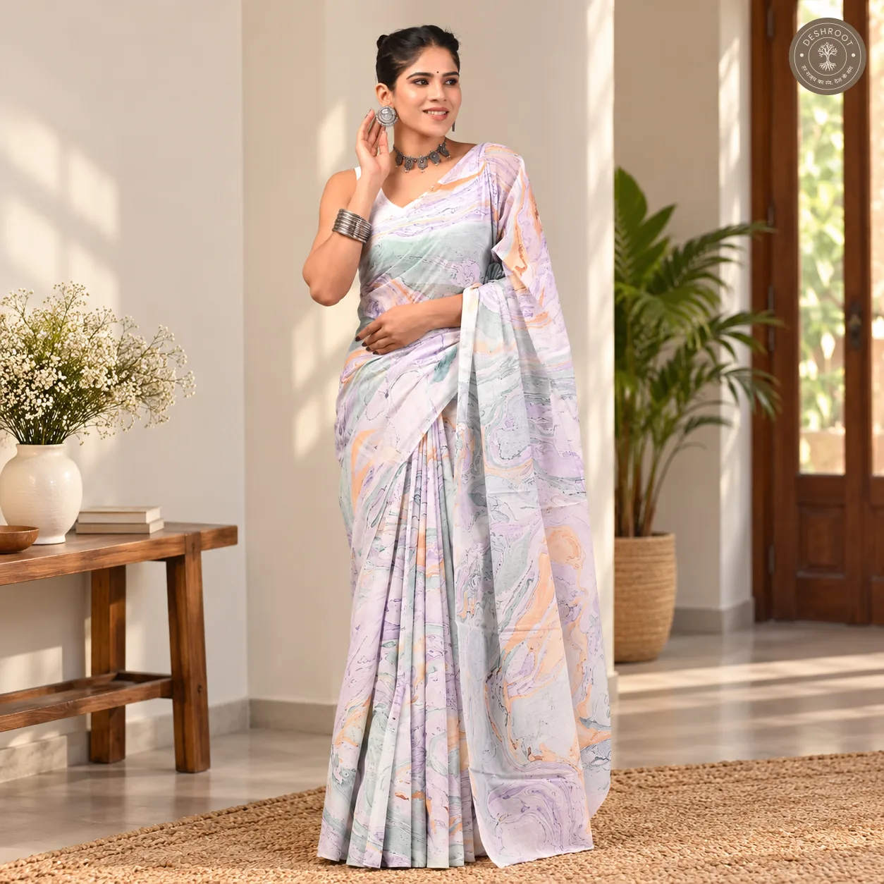 Lavanya Hand Block Printed Mal Cotton Saree with Blouse Fabric