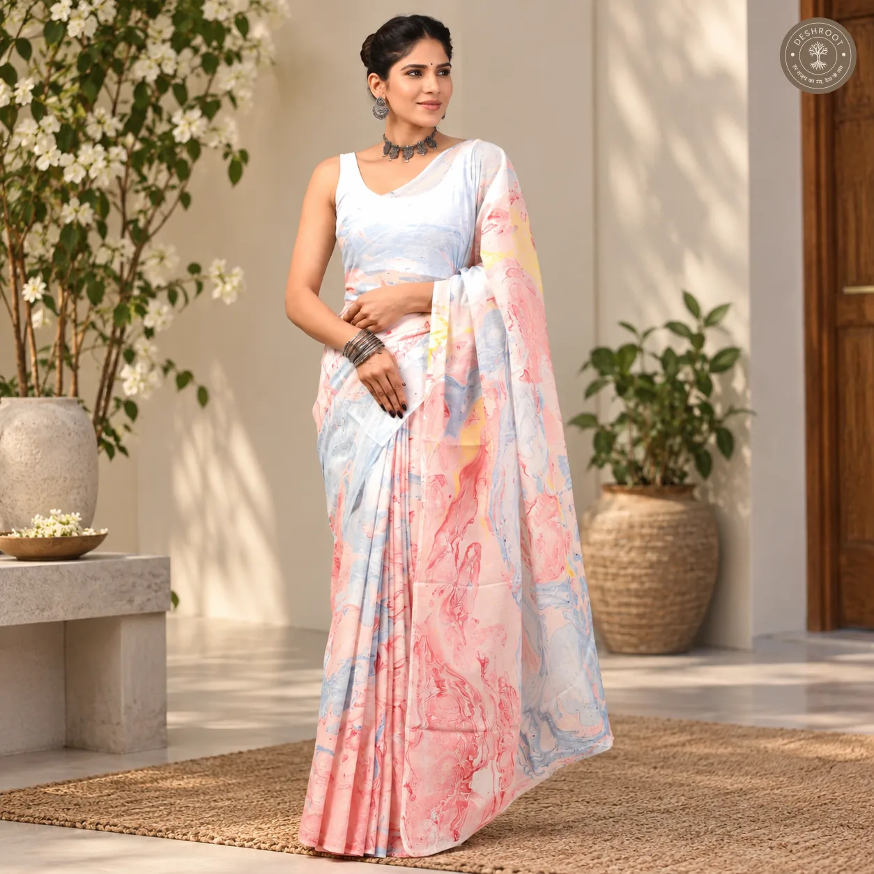 Gulnaar Hand Block Printed Mal Cotton Saree with Blouse Fabric