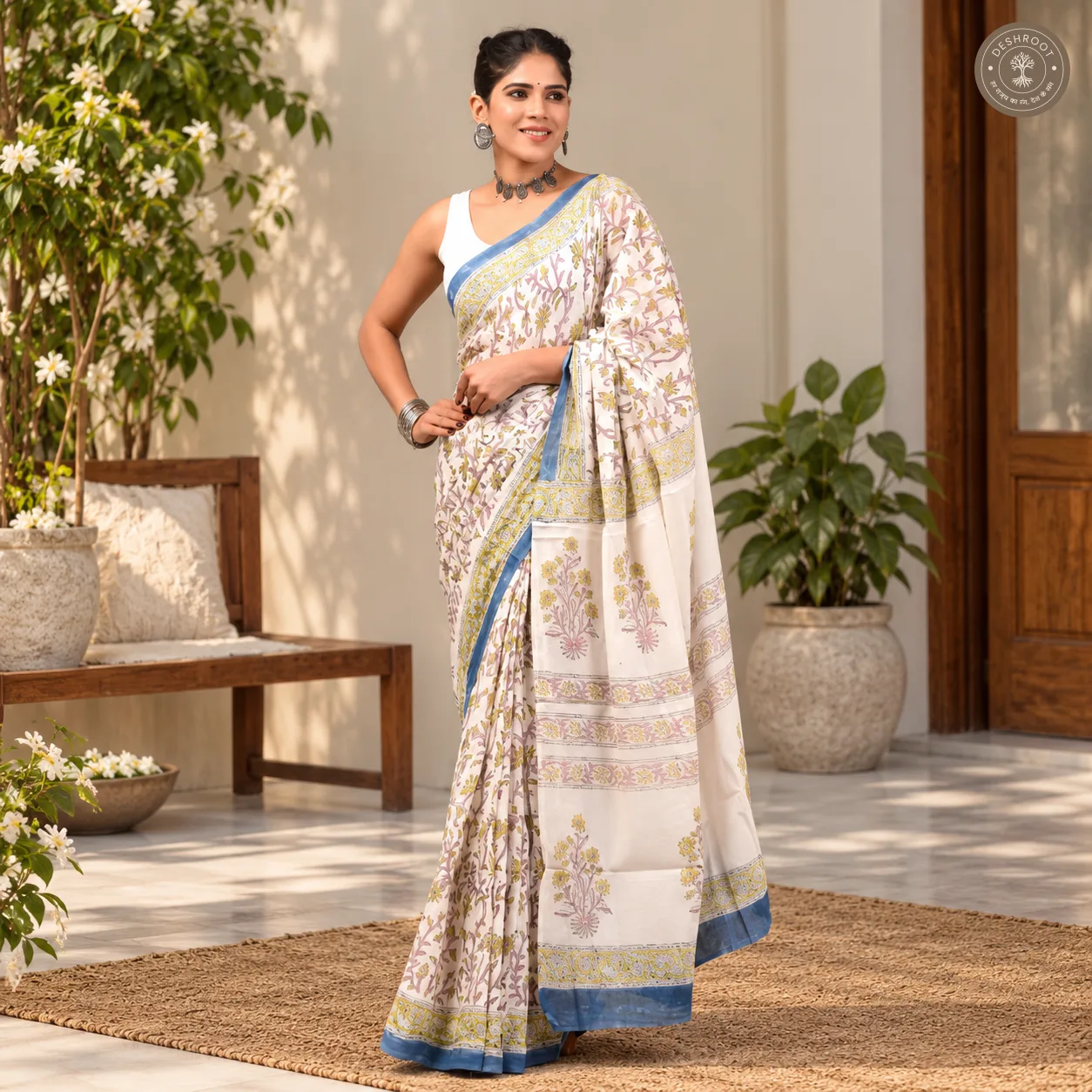 Vanya Hand Block Printed Mal Cotton Saree with Blouse Fabric