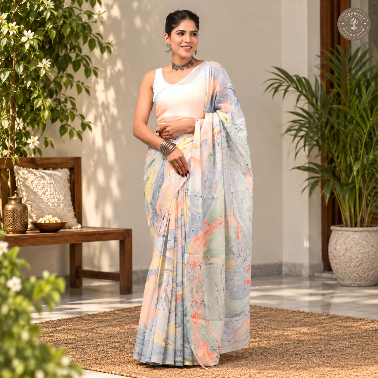 Aarini Hand Block Printed Mal Cotton Saree with Blouse Fabric