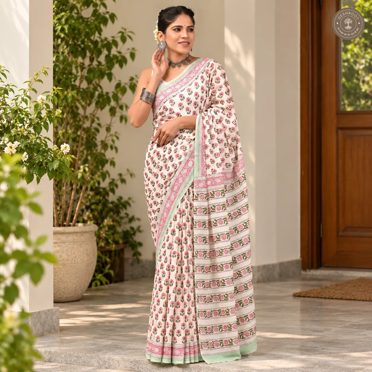 Gulbahar Floral Hand Block Printed Mal Cotton Saree with Blouse Fabric