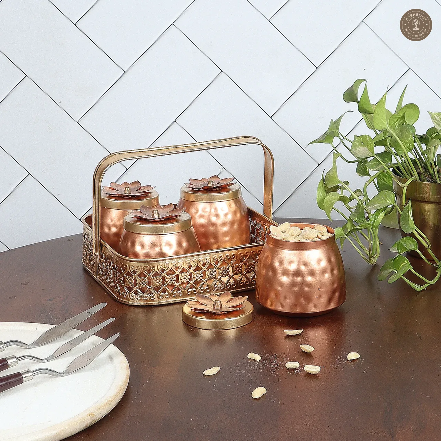 Basket With 4 Metal Jars