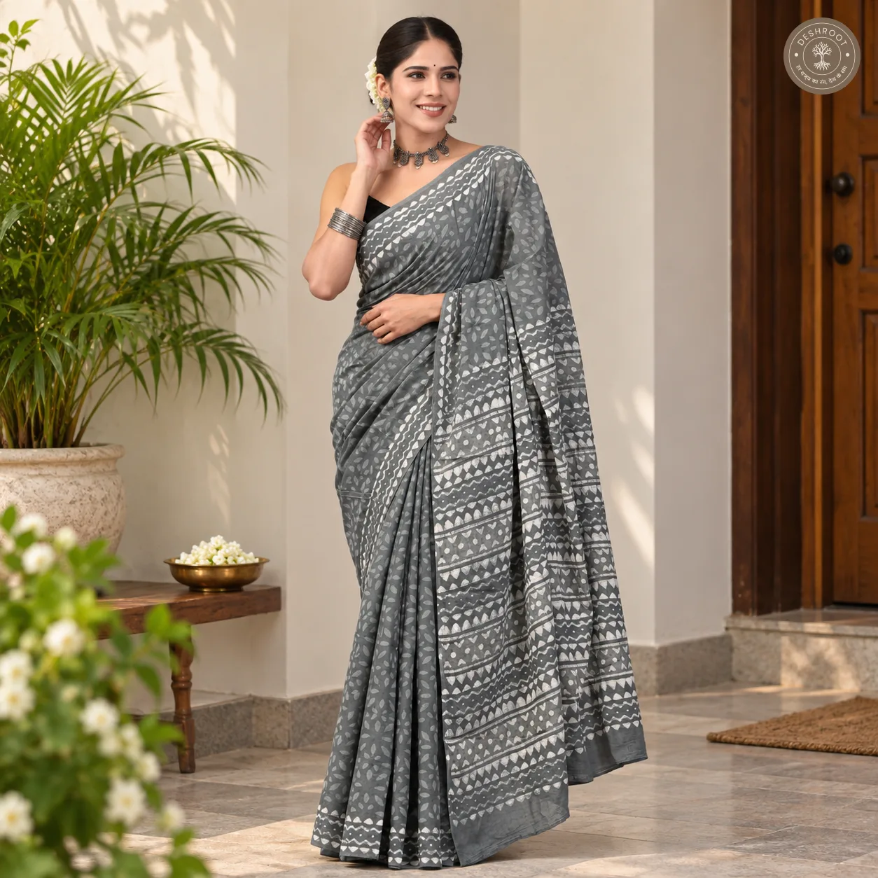 Neerja Hand Block Printed Mal Cotton Saree with Blouse Fabric