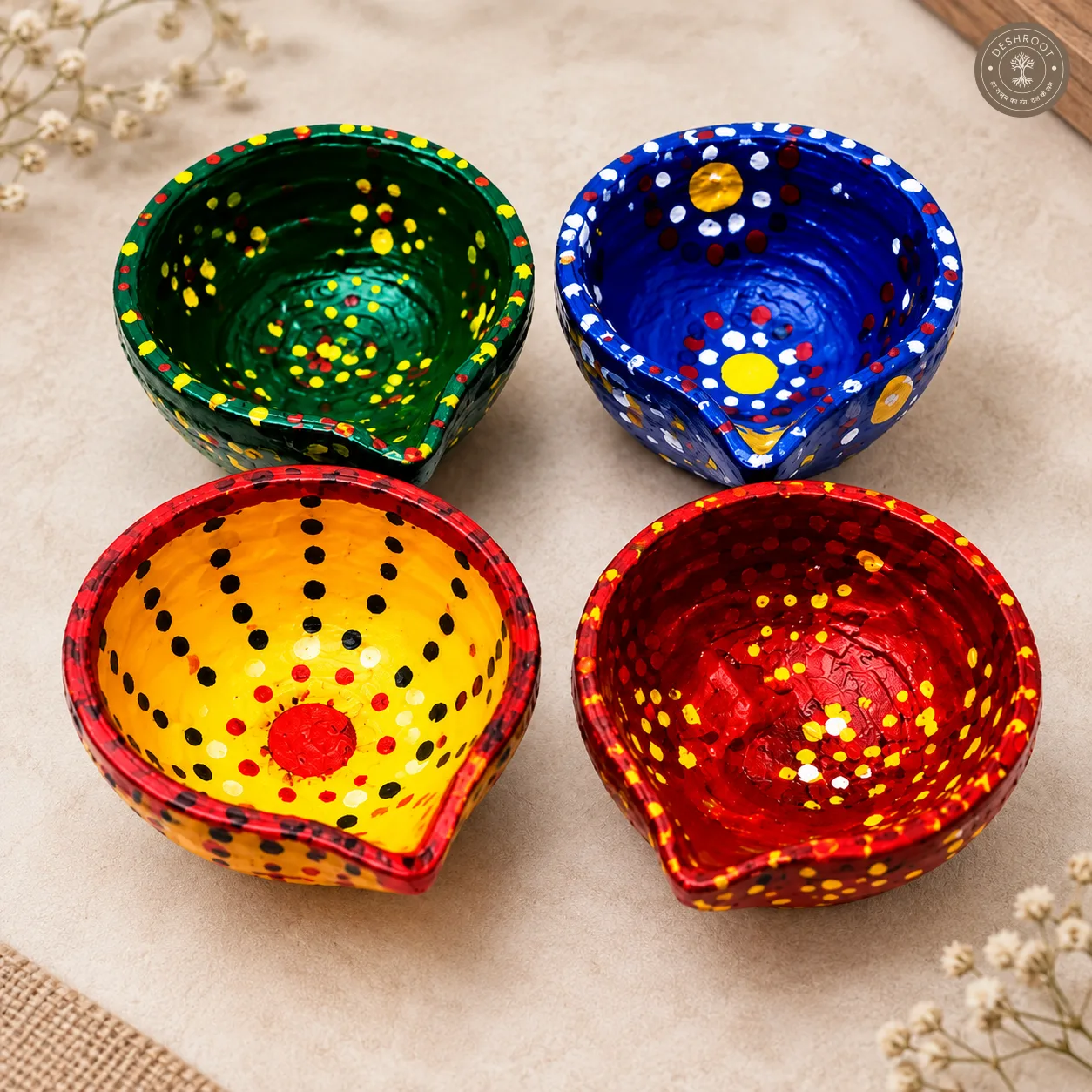 Handcrafted Decorative Diya Set – 4 Colourful Hand-Painted Clay Diyas with Dot Art for Diwali, Lakshmi Pooja & Festive Décor