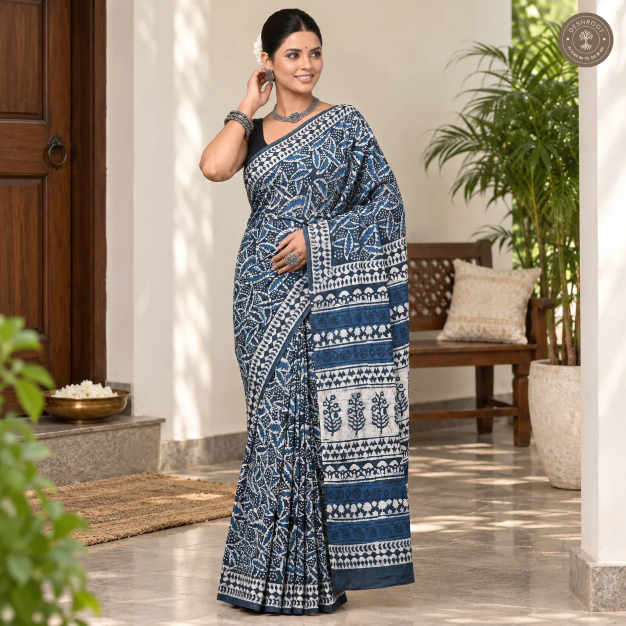 Neel Vanika Hand Block Printed Mal Cotton Saree with Blouse Fabric