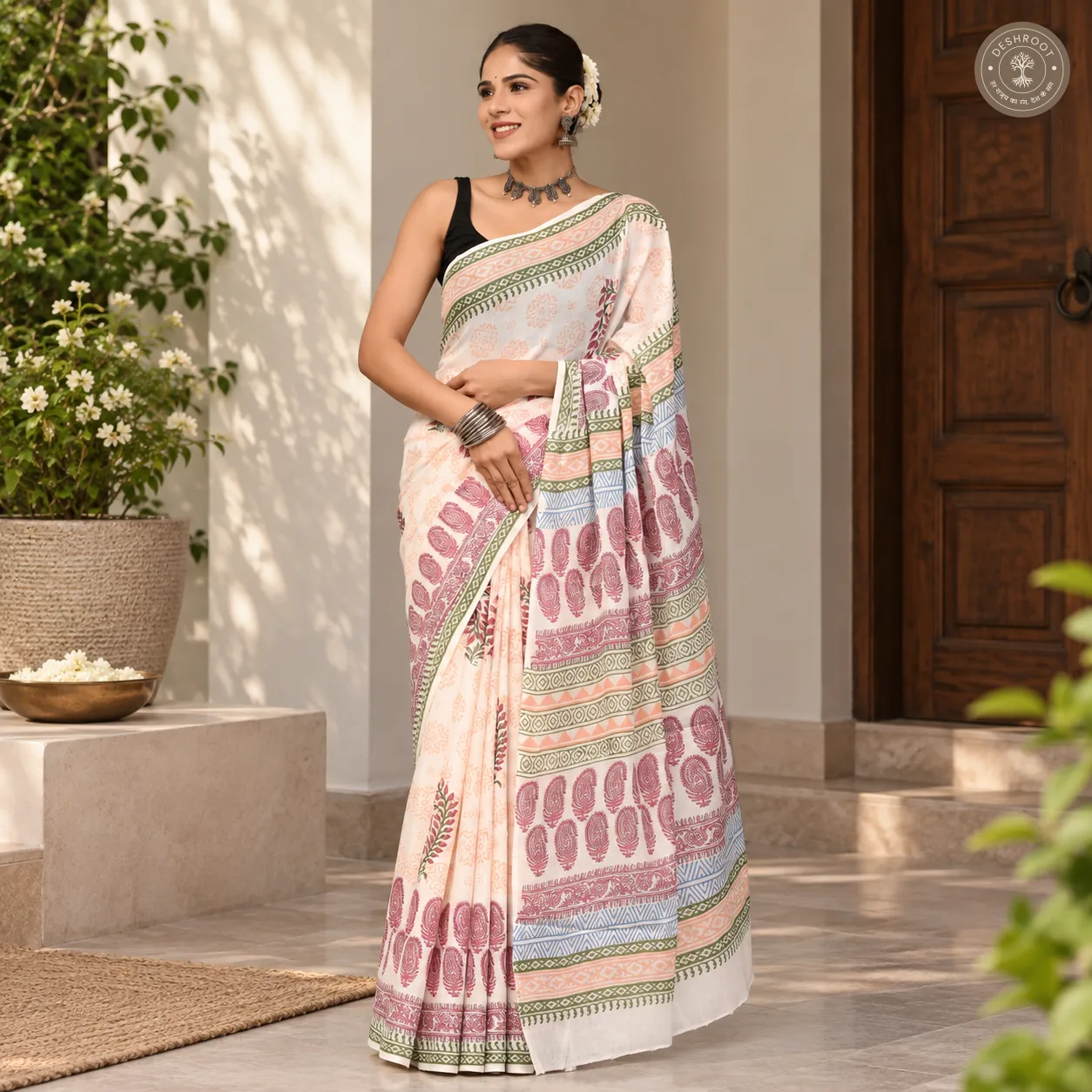 Rosewood Garden Hand Block Printed Mal Cotton Saree