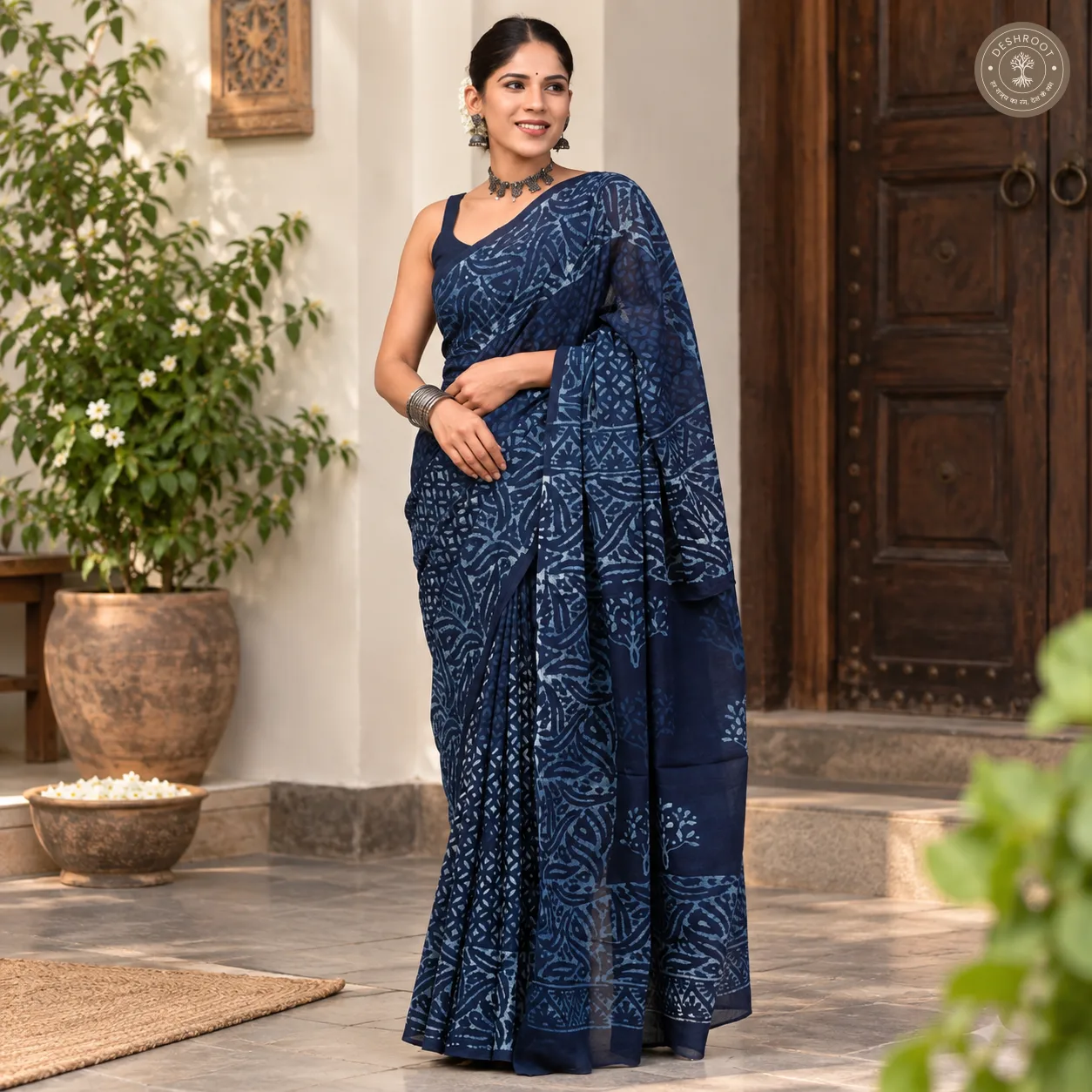 Neel Tarang Indigo Hand Block Printed Mal Cotton Saree