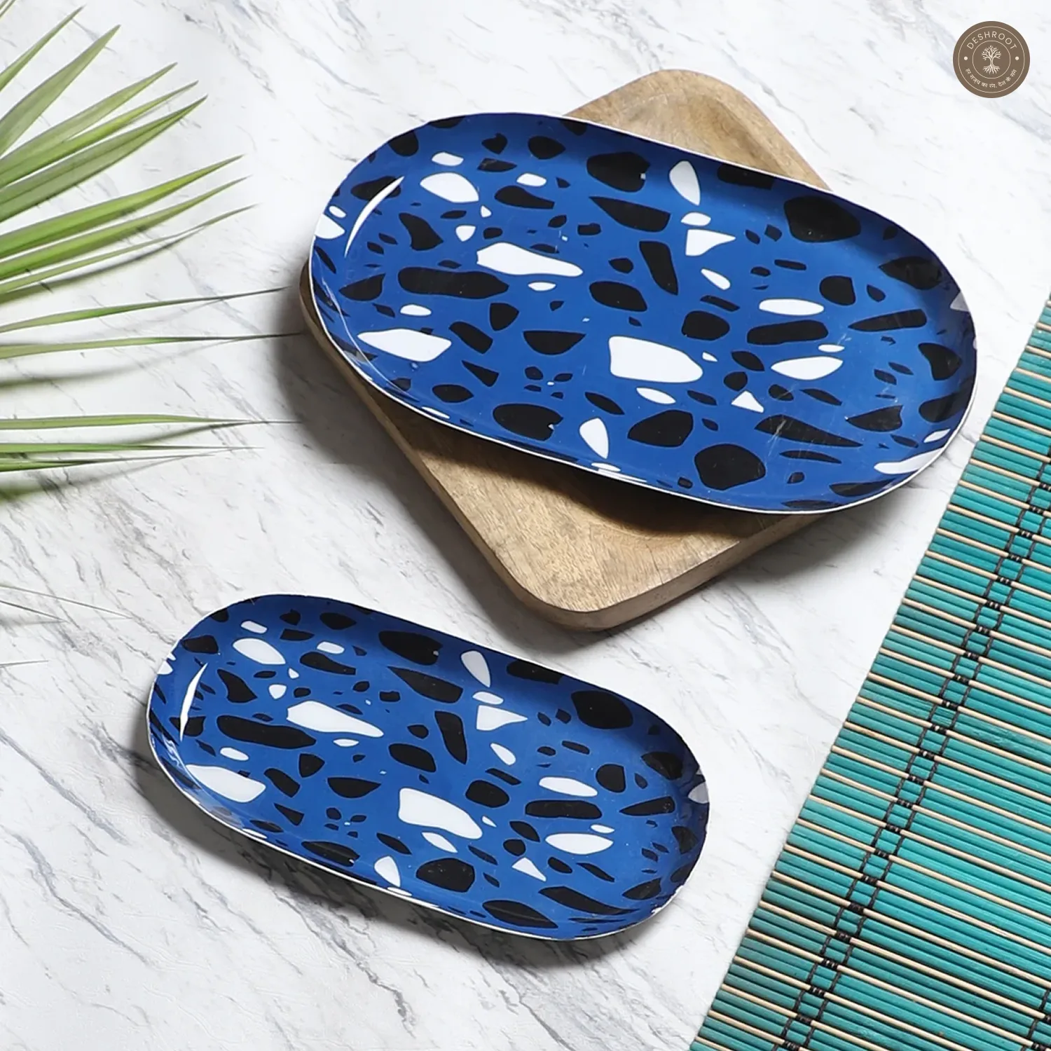 Blue & Black Metal Oval Platter Set of 2