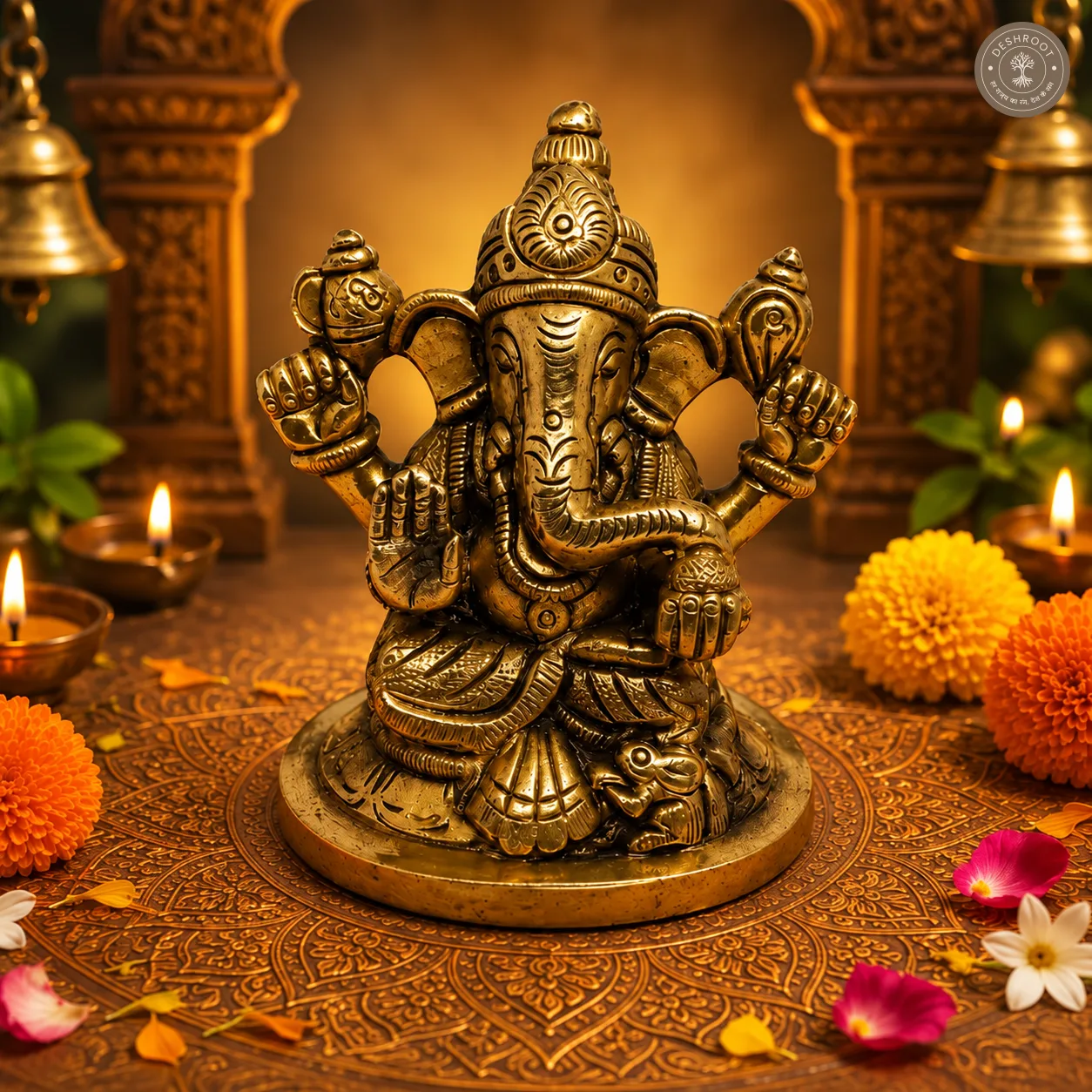 Handcrafted Brass Lord Ganesha Idol – 370 gm Antique Finish Ganesh Murti with Intricate Carved Detailing for Pooja Room, Home Temple, Office & Festive Décor