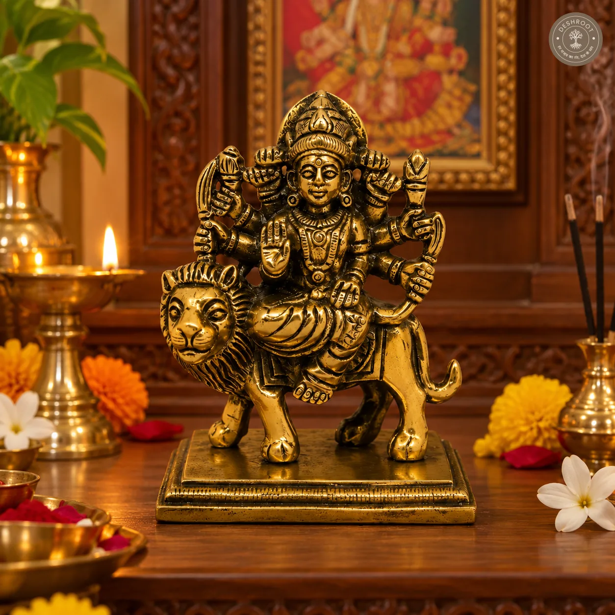 Handcrafted Brass Goddess Durga on Lion Idol – 250 gm Antique Finish Maa Durga Murti with Intricate Detailing for Pooja Room, Navratri, Home Temple & Décor