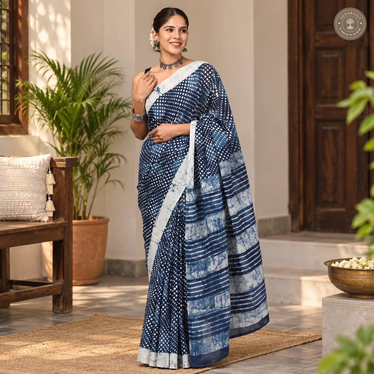 Neel Bindhu Hand Block Printed Mal Cotton Saree with Striped Pallu & Blouse Fabric