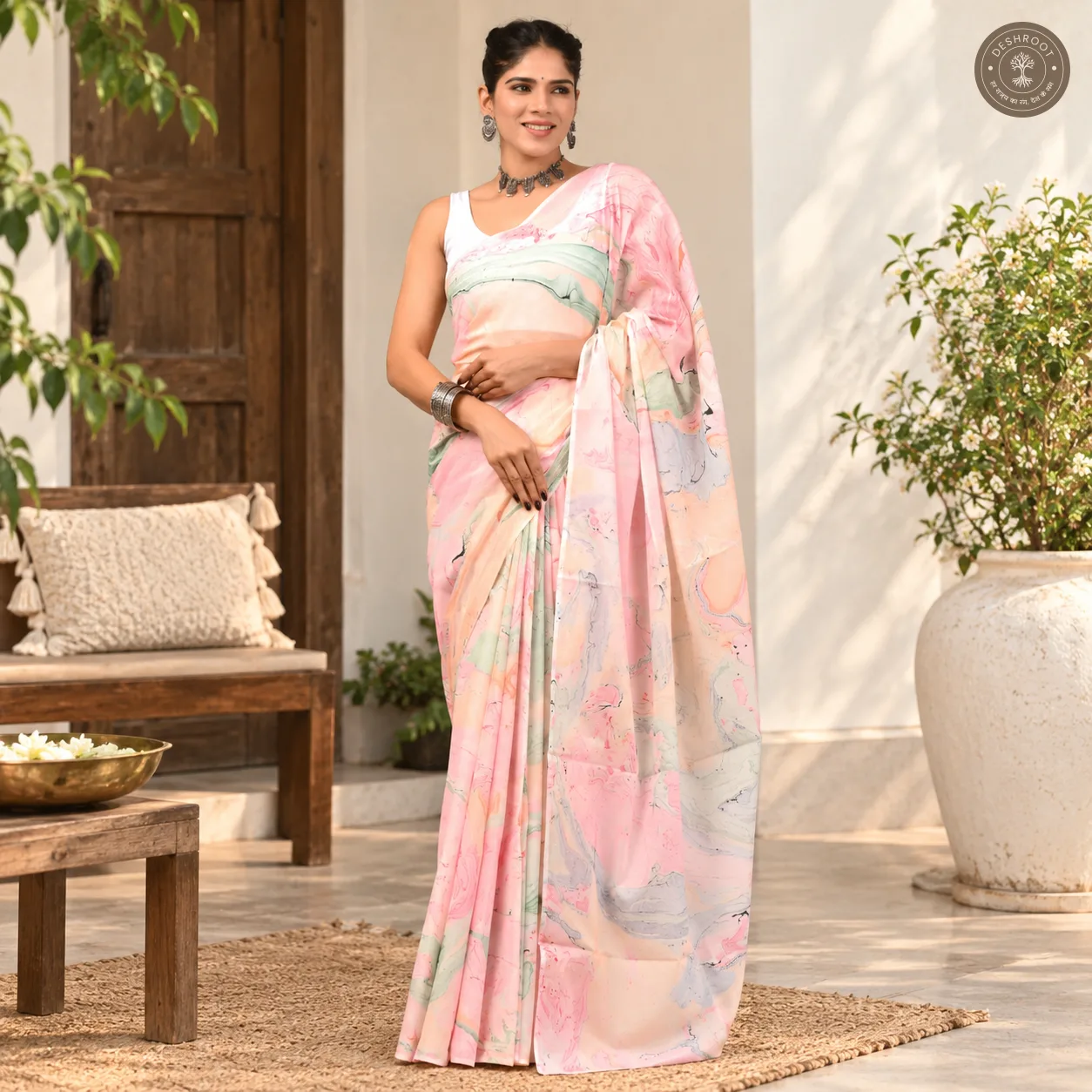 Pastel Bloom Hand Block Printed Mal Cotton Saree with Blouse Fabric