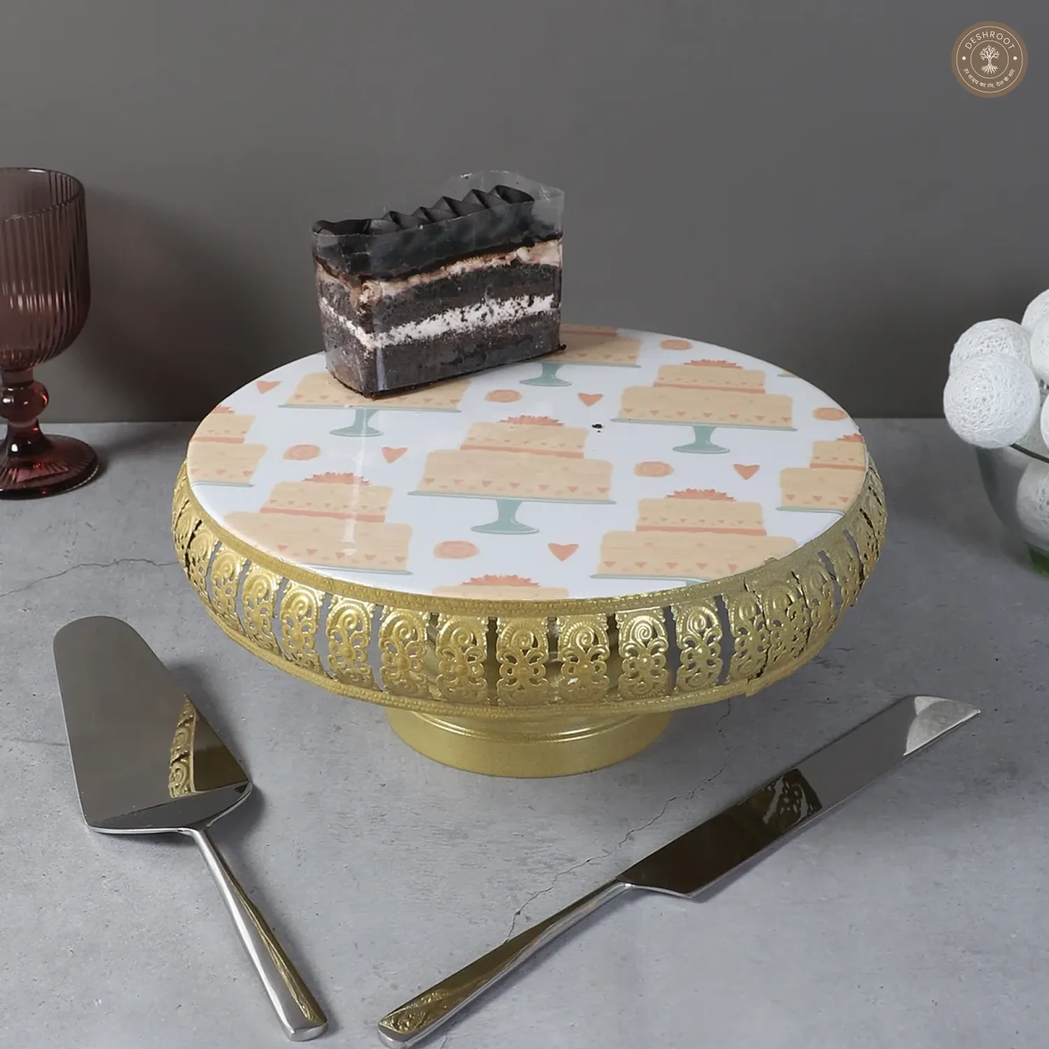 Cake Print Metal Cake Platter WIth Knife & Server