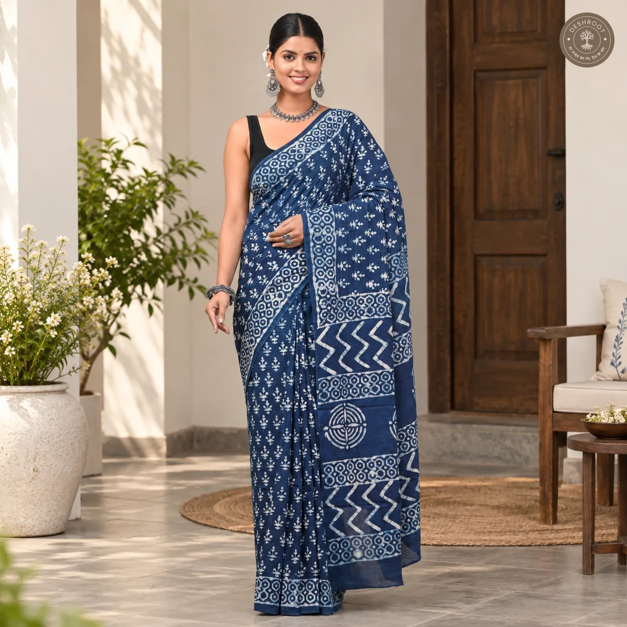 Indigo Bloom Hand Block Printed Mal Cotton Saree with Geometric Pallu & Blouse